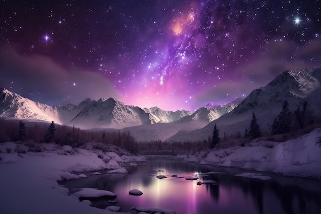 Purple aurora in white snow mountain