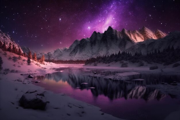 Purple aurora in white snow mountain