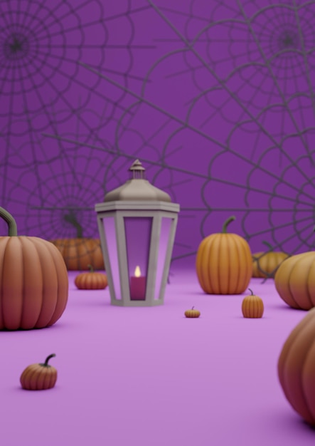 Purple autumn fall Halloween product display podium stand pumpkins spiderwebs lantern candle