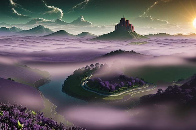 Photo purple background chinese watercolor landscape illustration mountain river grass anime wallpaper