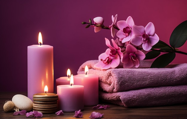 On a purple background a pink candle towel with flowers and a bottle set the scene for a spa