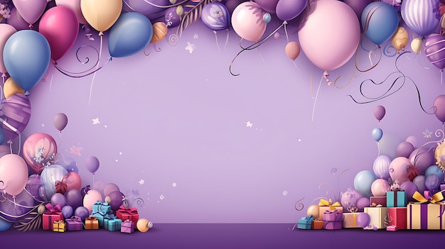 a purple background with balloons and a banner for the birthday party