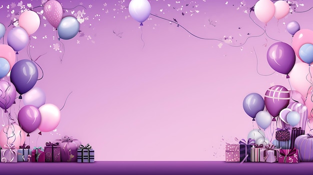 a purple background with balloons and a gift box