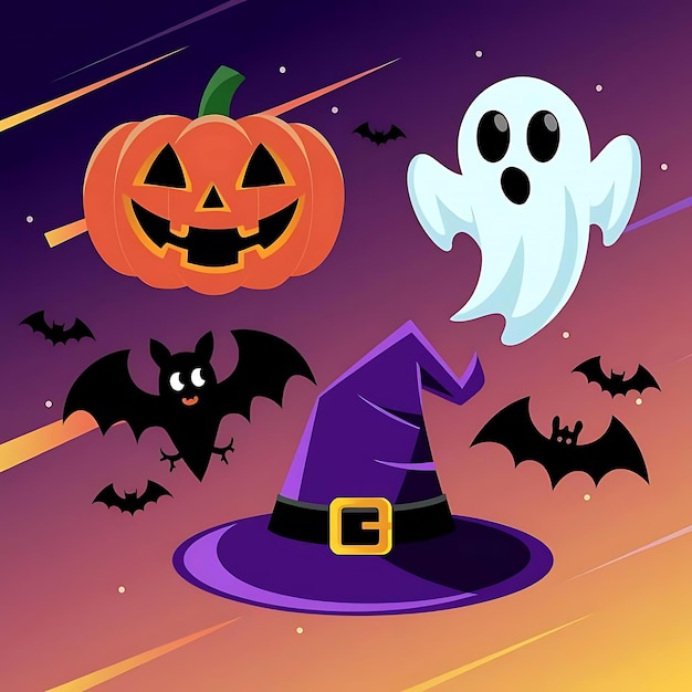 a purple background with a black witch hat and a pumpkin with a black bat on it