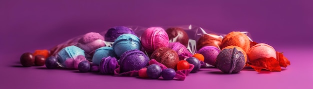 A purple background with a bunch of colorful balls of yarn