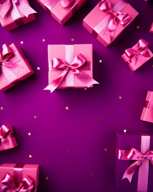 a purple background with a bunch of gift boxes and a pink bow