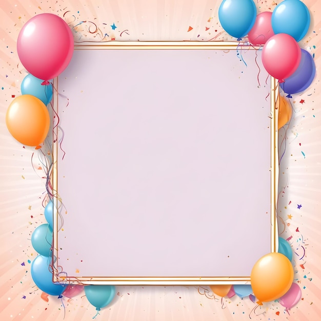 a purple background with colorful balloons and a frame with the words happy birthday