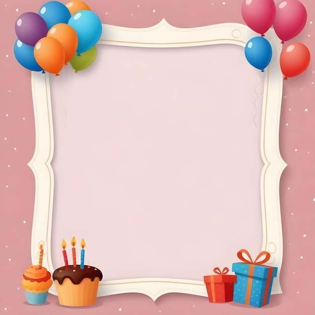 a purple background with colorful balloons and a frame with the words happy birthday