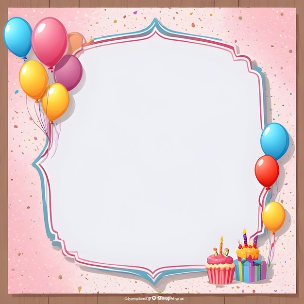 a purple background with colorful balloons and a frame with the words happy birthday