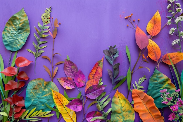 Photo a purple background with colorful leaves and a purple background with the word  autumn