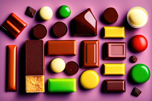 A purple background with different chocolates and candy bars