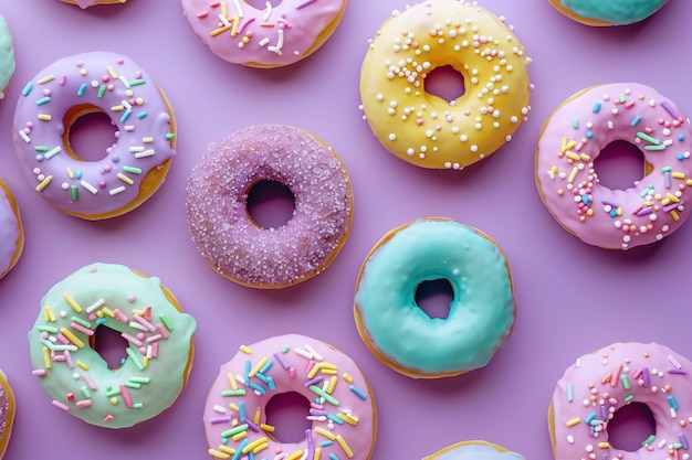 a purple background with donuts and colorful sprinkles