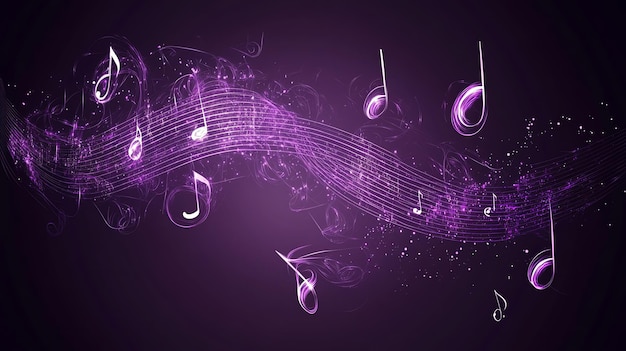 A purple background with glowing music notes