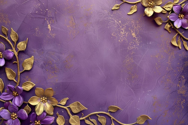 a purple background with gold flowers and gold leaves