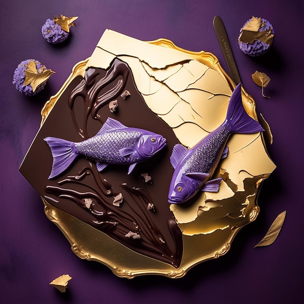 A purple background with a gold plate with fish on it