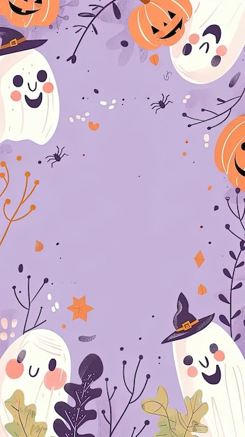 Photo a purple background with halloween pumpkins and ghost faces