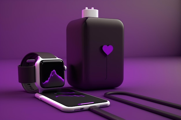 A purple background with a heart on the back of a phone and a watch.