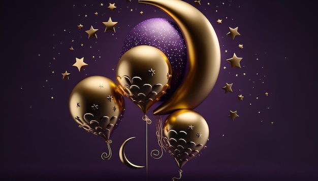 A purple background with a moon and balloons and stars