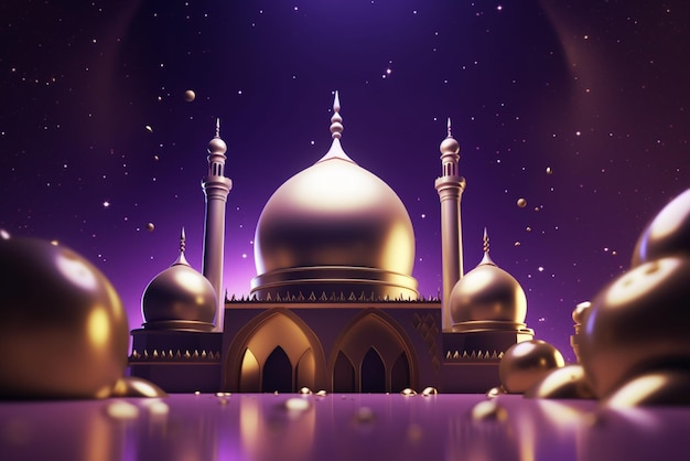 A purple background with a mosque and a golden dome.