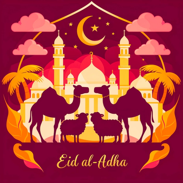 a purple background with a picture of a camel and a mosque