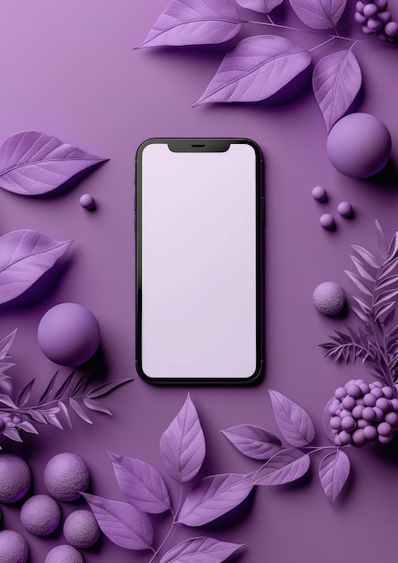 Photo a purple background with a picture of a cell phone with berries on it