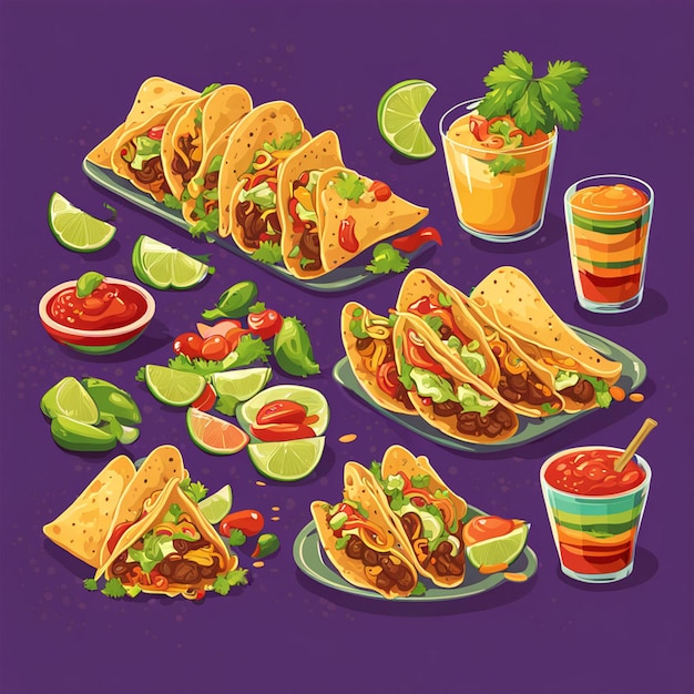 a purple background with a picture of tacos and a plate of tortilla chips