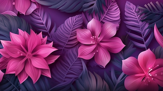 A purple background with pink flowers and leaves.