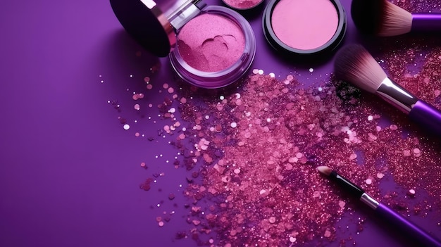 A purple background with a pink makeup set and a small container of pink makeup.