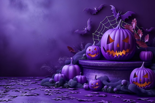 A purple background with a spider web and bats