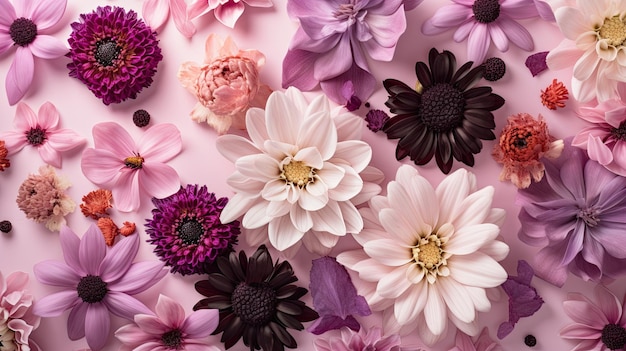 Purple background with top view pink and purple flowers composition Generative AI