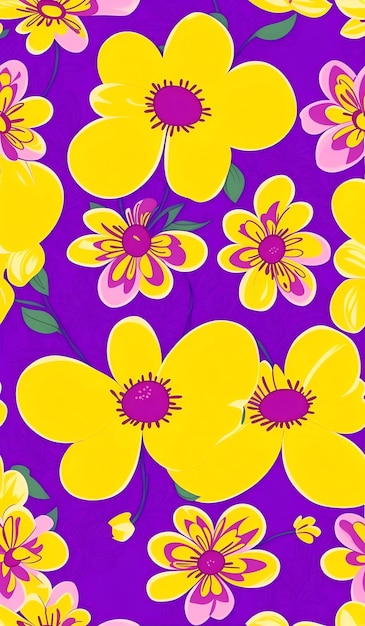 A purple background with yellow flowers and green leaves.