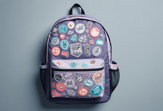 a purple backpack with many stickers on it