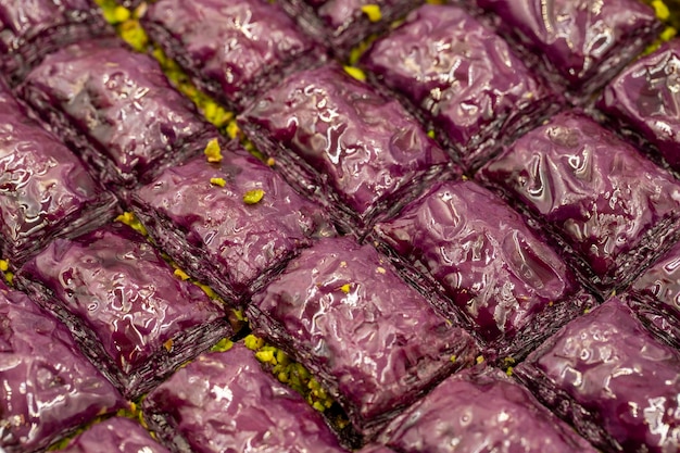 Purple baklava violet baklava It is produced with a mixture called purple mix obtained from the extracts of purple vegetables and fruits Traditional Middle Eastern Flavors Local name Mor Baklava