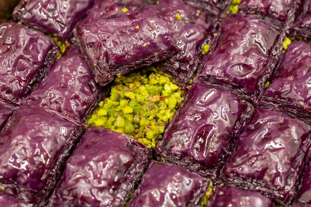 Purple baklava violet baklava It is produced with a mixture called purple mix obtained from the extracts of purple vegetables and fruits Traditional Middle Eastern Flavors Local name Mor Baklava