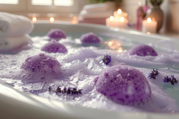 Purple bath bombs fizz in a luxurious bathtub with candles and lavender