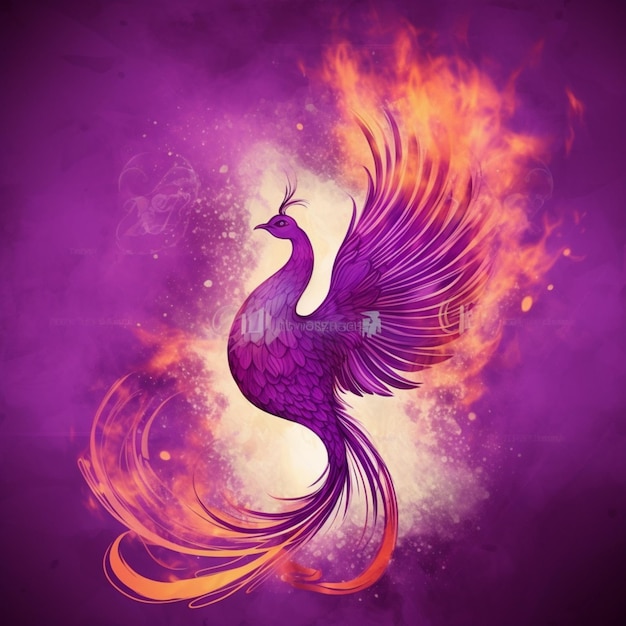 A purple bird with a blue tail and a yellow tail is flying in the air.