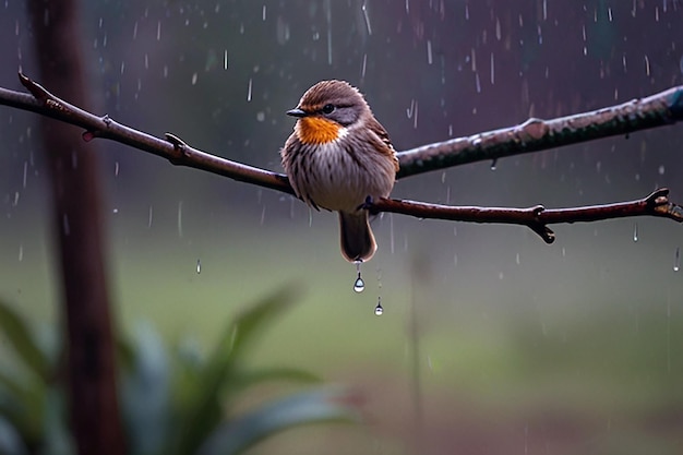 A purple bird with a red eye sits in the rain