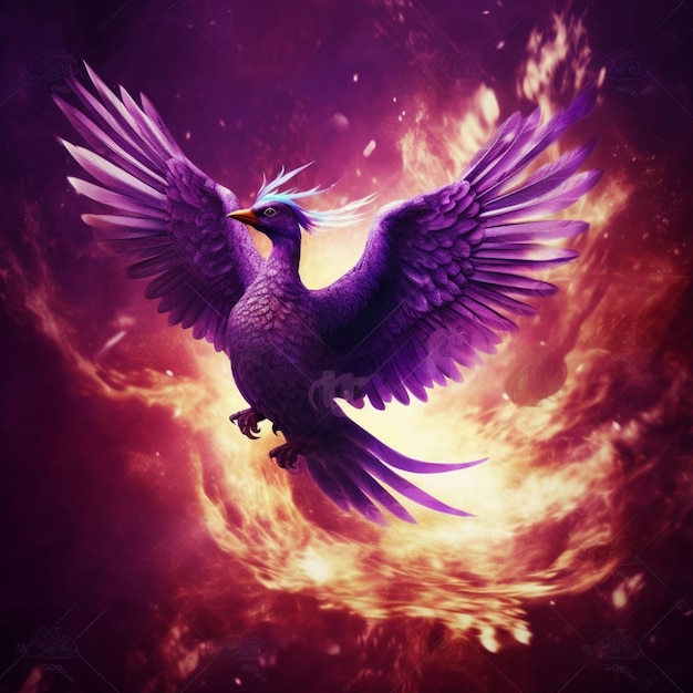 A purple bird with wings spread is flying in front of a fire.