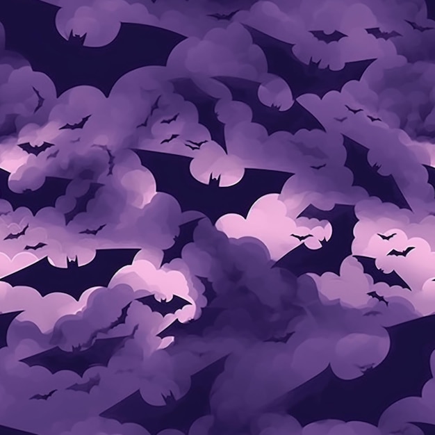 Purple and black background with a bunch of bats flying in the sky generative ai