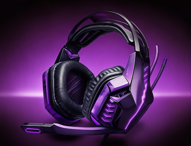 A purple and black headset with a microphone that says glitch on it.