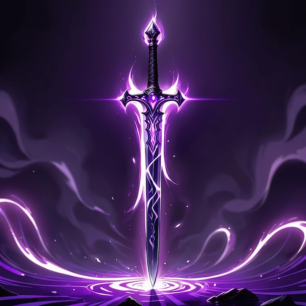 a purple and black image of a sword with a purple background with a purple swirl of swirls