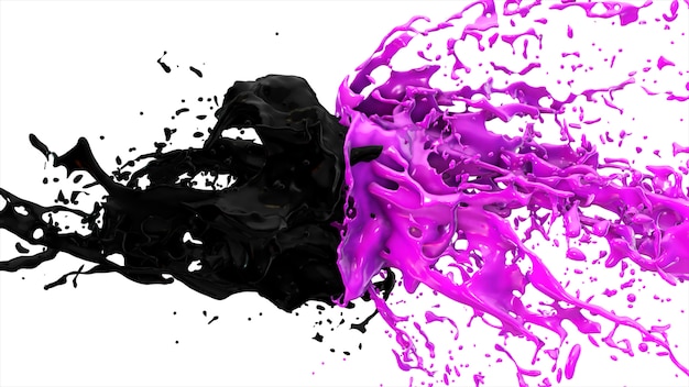 Photo purple and black liquids collide, drops splatter fly to the sides on a white isolated background