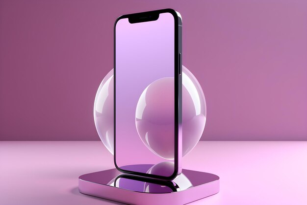 A purple and black phone with a purple background and a glass ball on it.