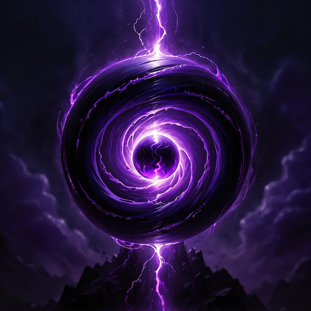 a purple and black spiral with a purple background and a place for a lightning strike