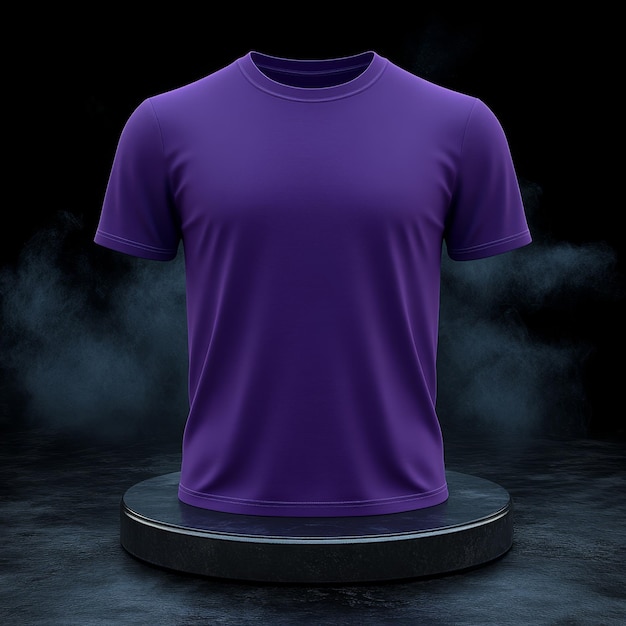 Purple Blank TShirt Mockup on Black Podium with Smoke Casual Wear Template 3D Rendering