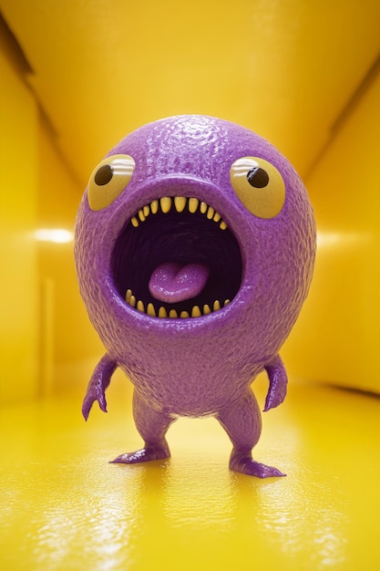 Purple blob alien with big eyes and mouth in a fully yellow futuristic scifi room