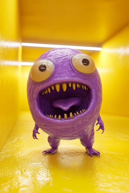 Purple blob alien with big eyes and mouth in a fully yellow futuristic scifi room