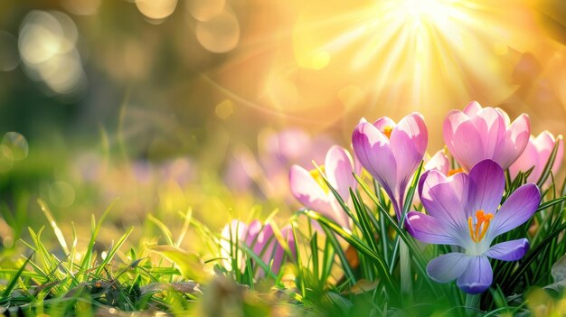 Purple Blooming Crocus Flowers on Bright Spring Background AI generated image