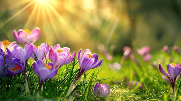 Purple Blooming Crocus Flowers on Bright Spring Background AI generated image