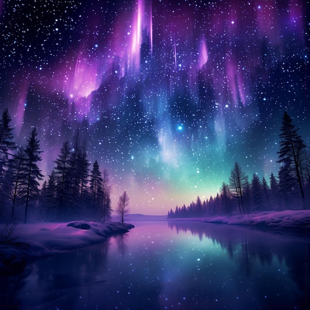 purple and blue aurora bore with trees and snow generative ai